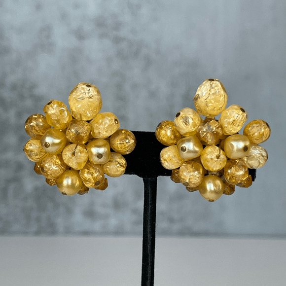 West Germany Beaded Clip On Earrings Large 1.25” Diameter Lt. Amber/Peach Color - Picture 3 of 6